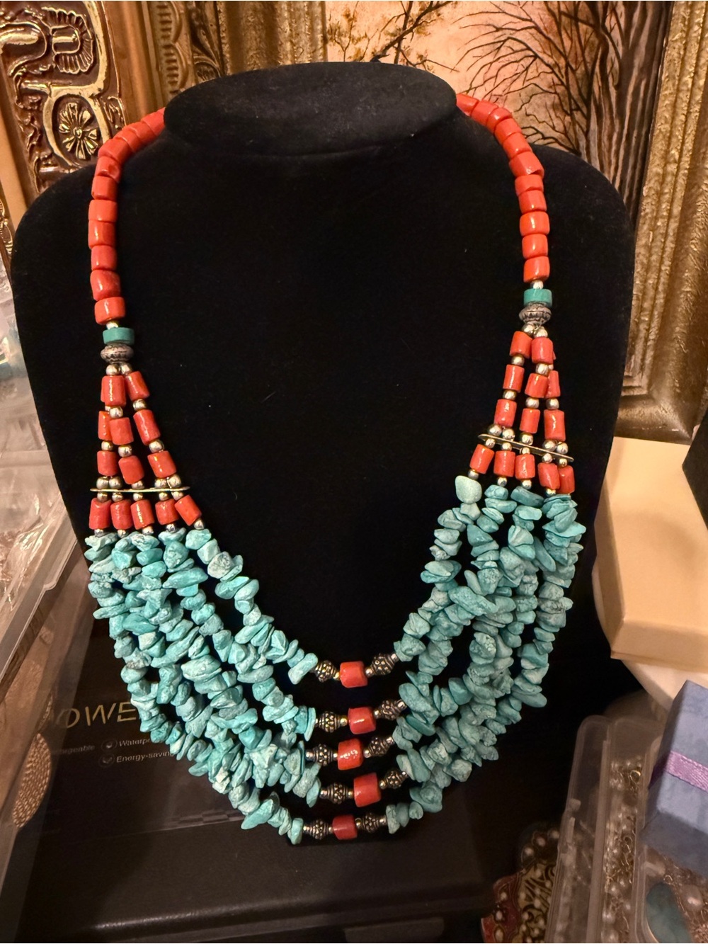 Turquoise Chip & Red Bead Multi-Strand Necklace